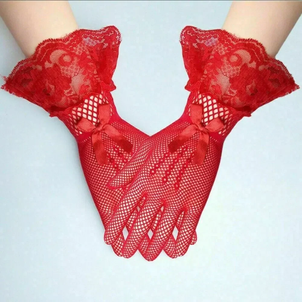 Red Lace Mesh Gloves Women Lace Gloves for Wedding Elegant Short Wrist Gloves Op